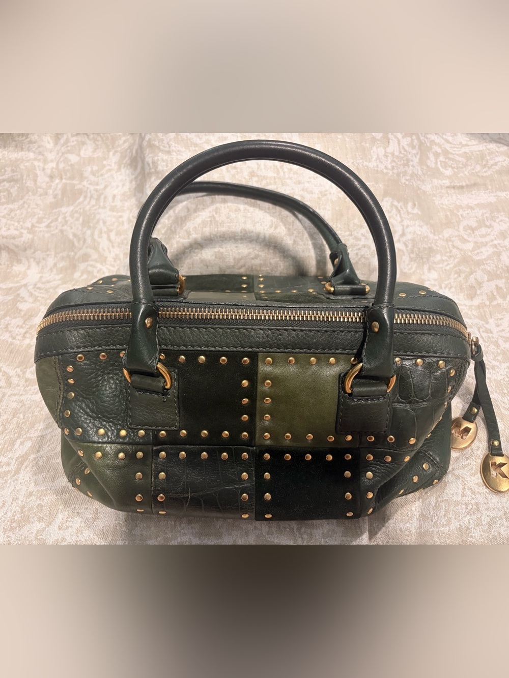 Y2K Michael Kors Studded Patchwork Leather Satchel - Dark Green